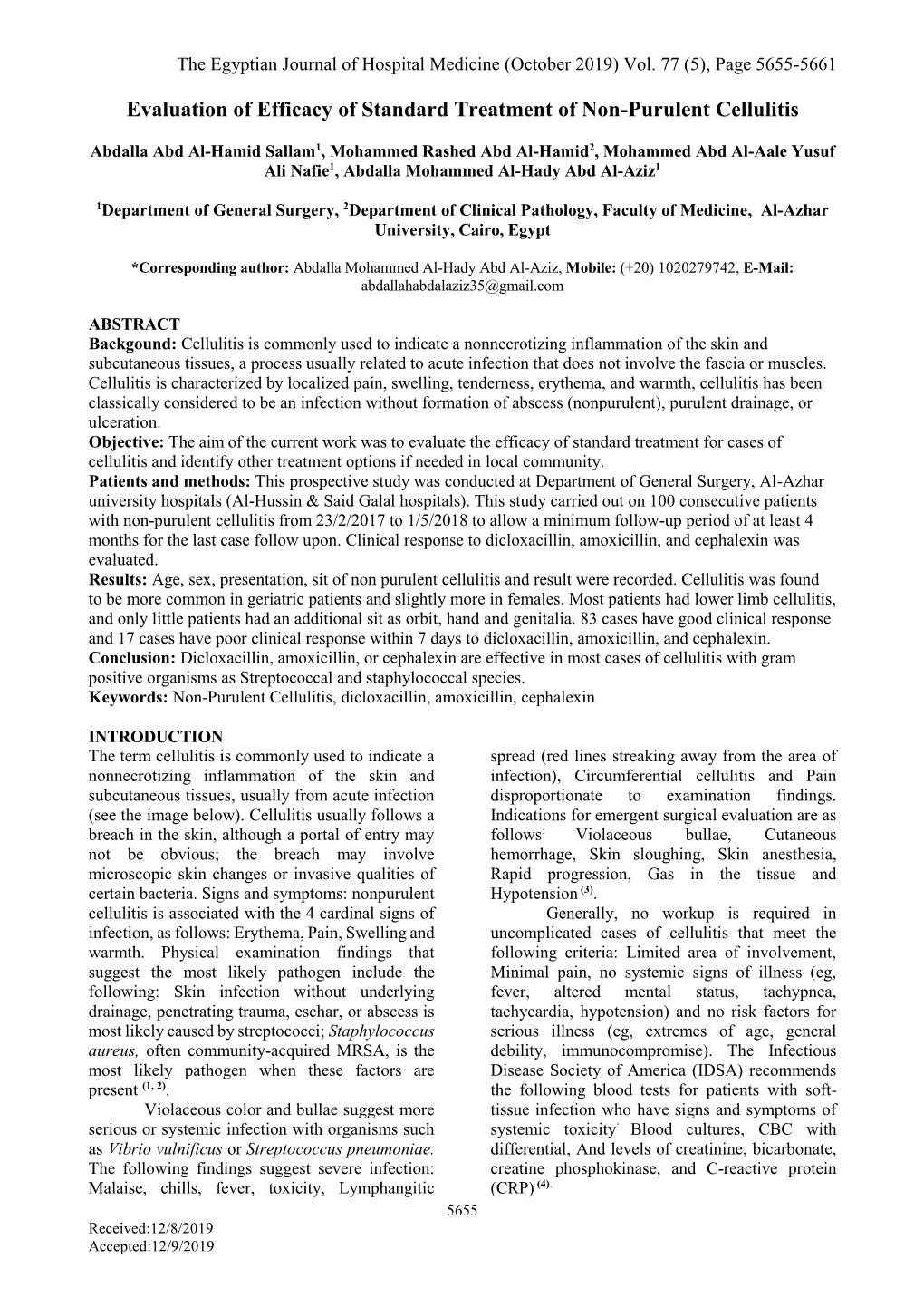 Evaluation of Efficacy of Standard Treatment of Non-Purulent Cellulitis