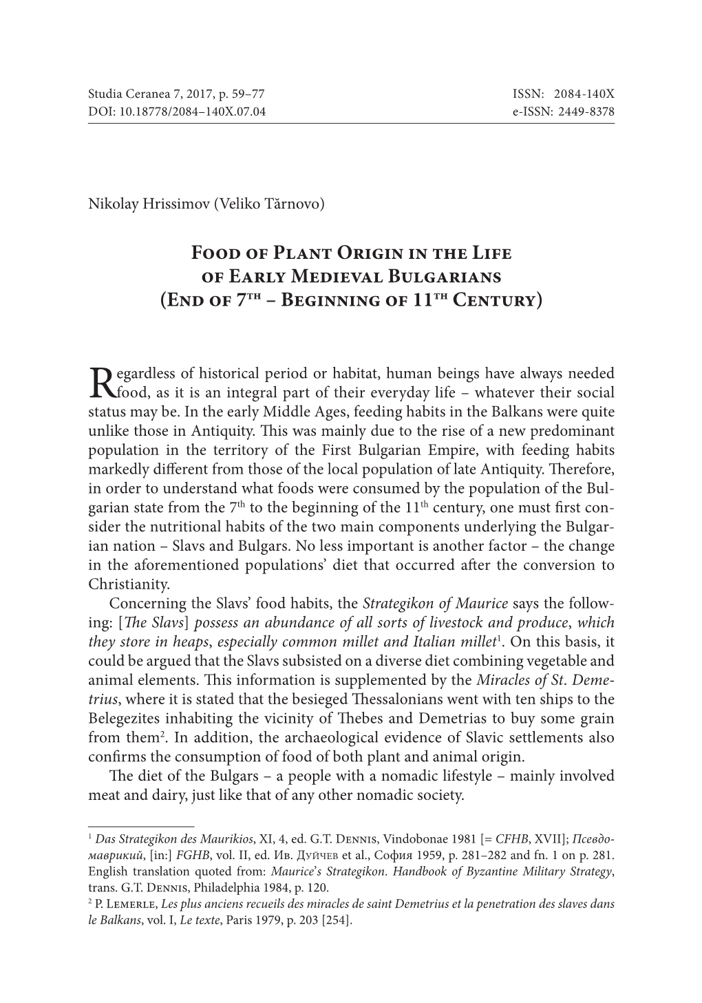 Food of Plant Origin in the Life of Early Medieval Bulgarians (End of 7Th – Beginning of 11Th Century)