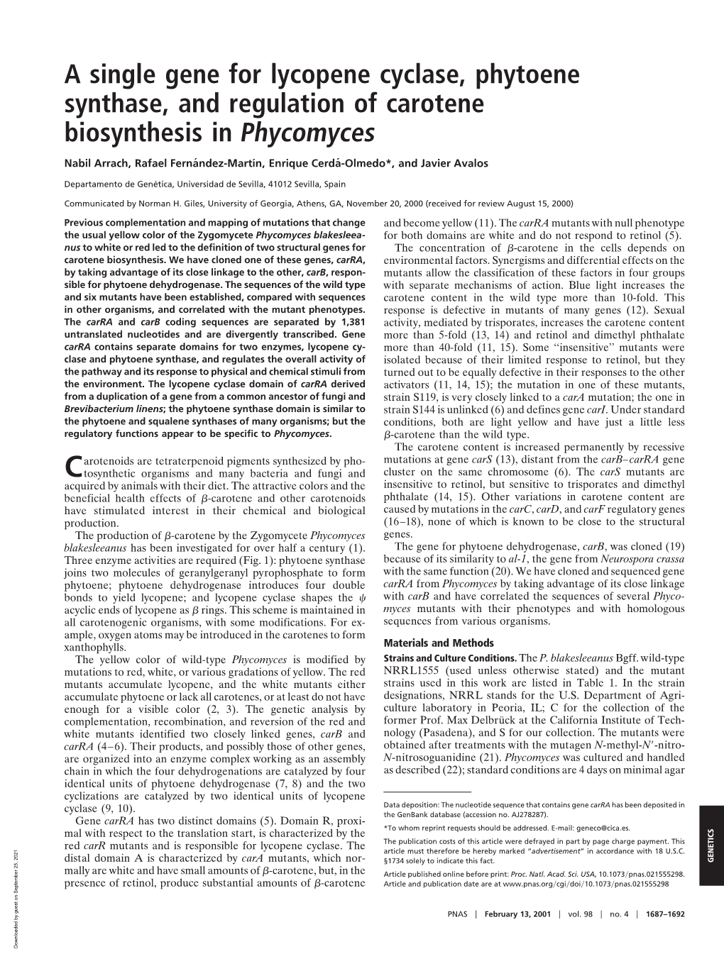 A Single Gene for Lycopene Cyclase, Phytoene Synthase, and Regulation of Carotene Biosynthesis in Phycomyces