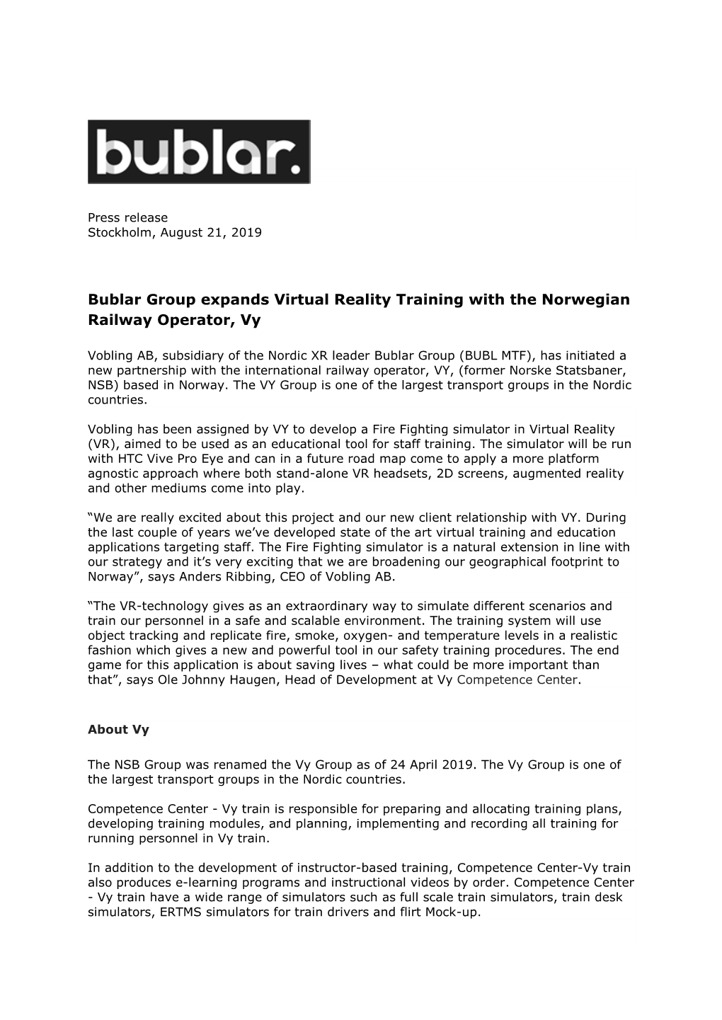 Bublar Group Expands Virtual Reality Training with the Norwegian Railway Operator, Vy