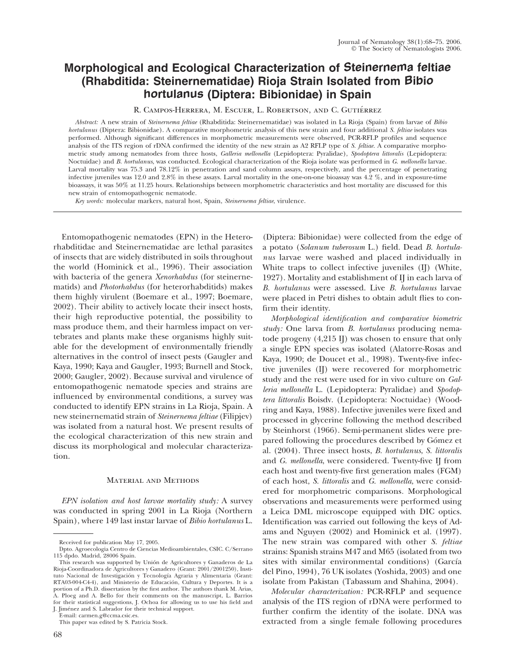 Rhabditida: Steinernematidae) Rioja Strain Isolated from Bibio Hortulanus (Diptera: Bibionidae) in Spain R