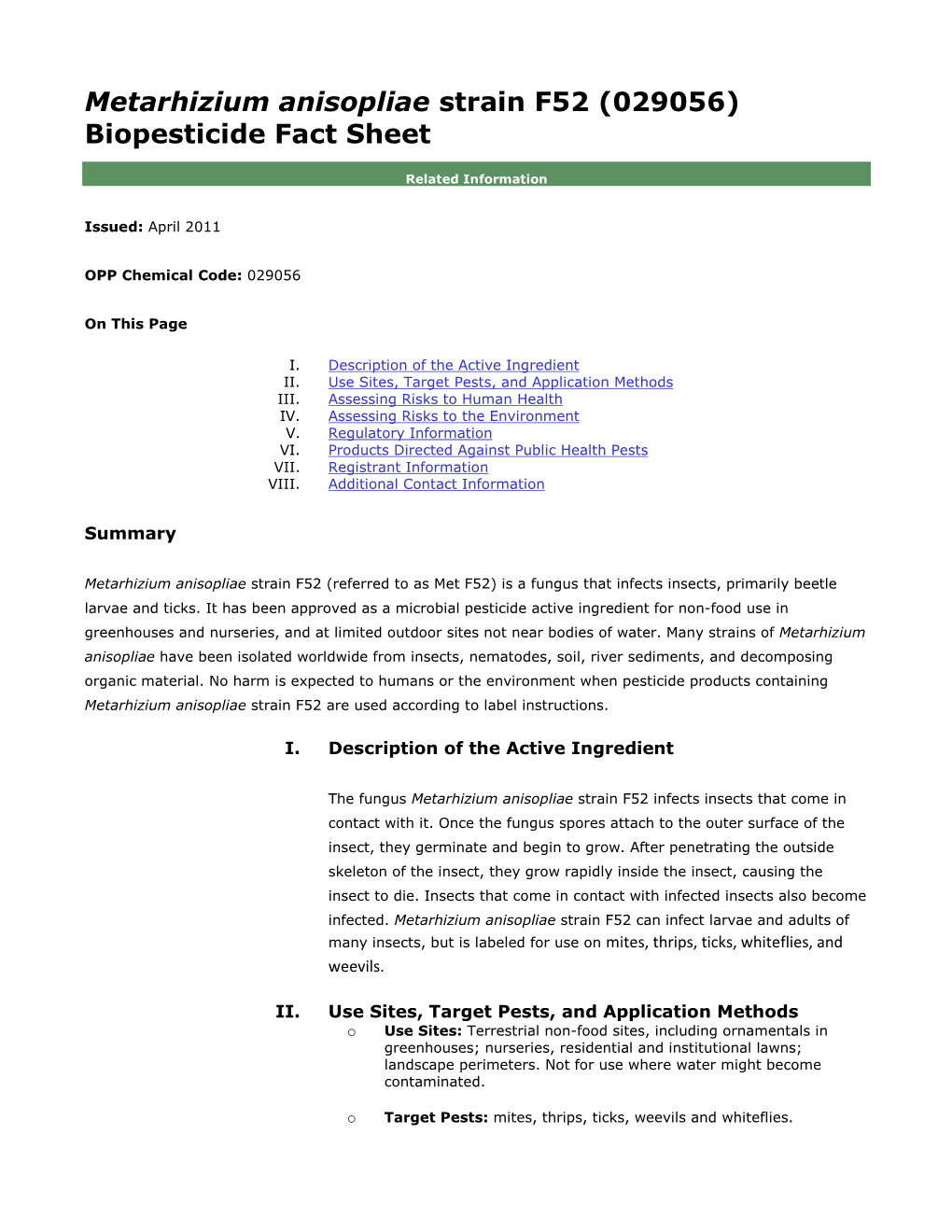 Metarhizium Anisopliae Strain F52 (029056) Biopesticide Fact Sheet