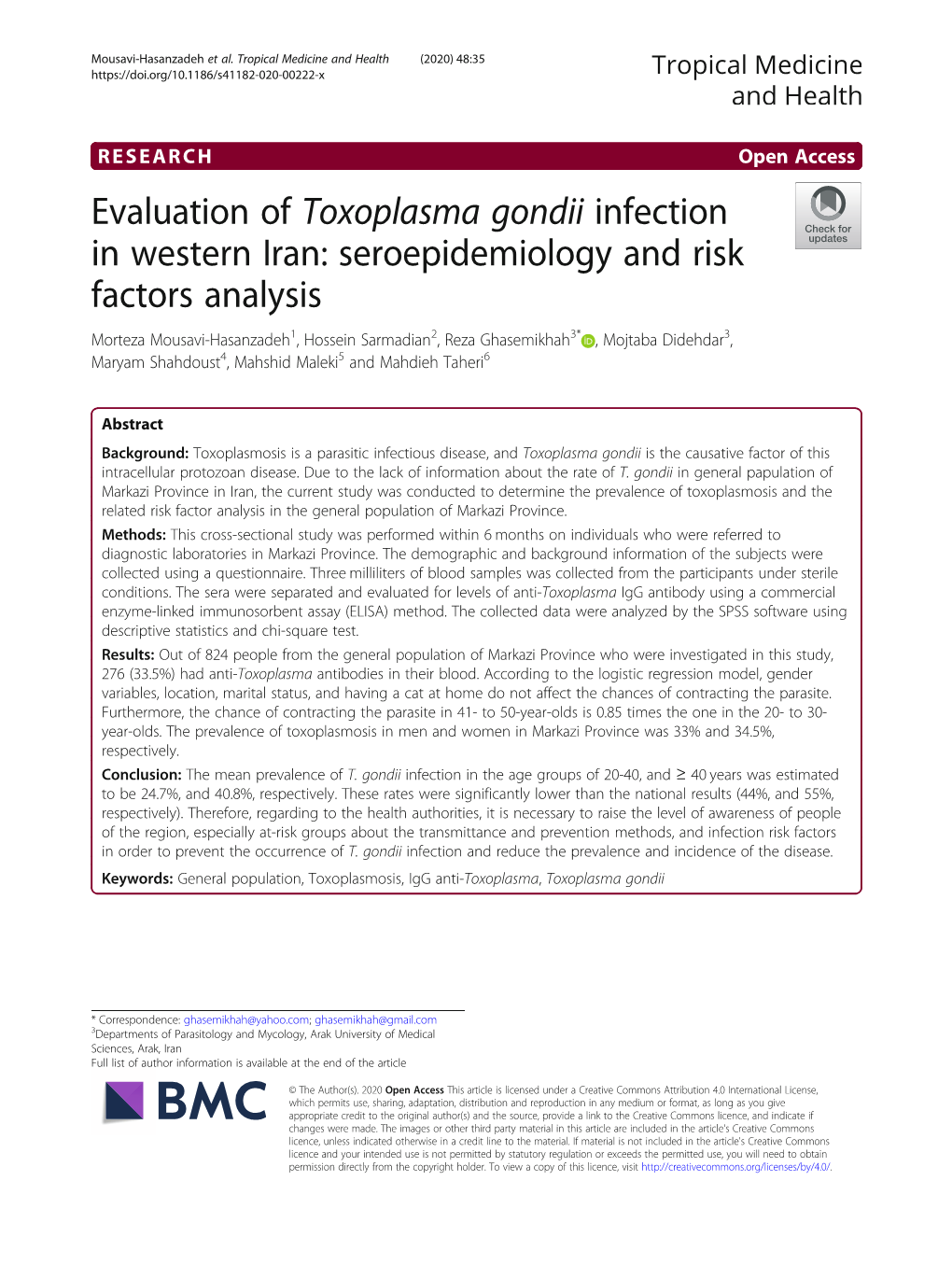 Evaluation of Toxoplasma Gondii Infection in Western Iran: Seroepidemiology and Risk Factors Analysis