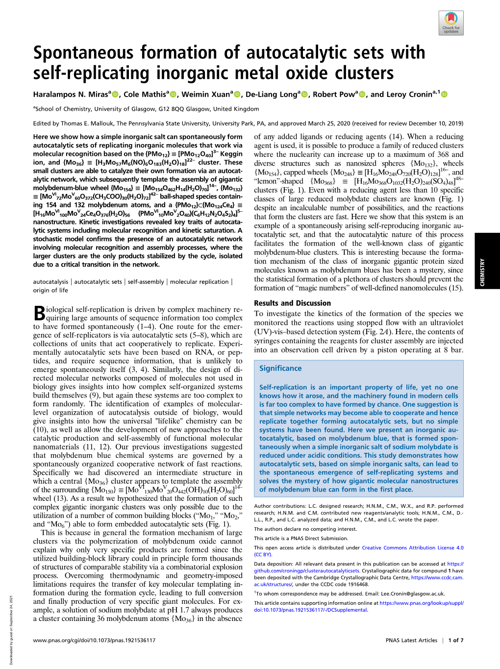 Spontaneous Formation of Autocatalytic Sets with Self-Replicating Inorganic Metal Oxide Clusters