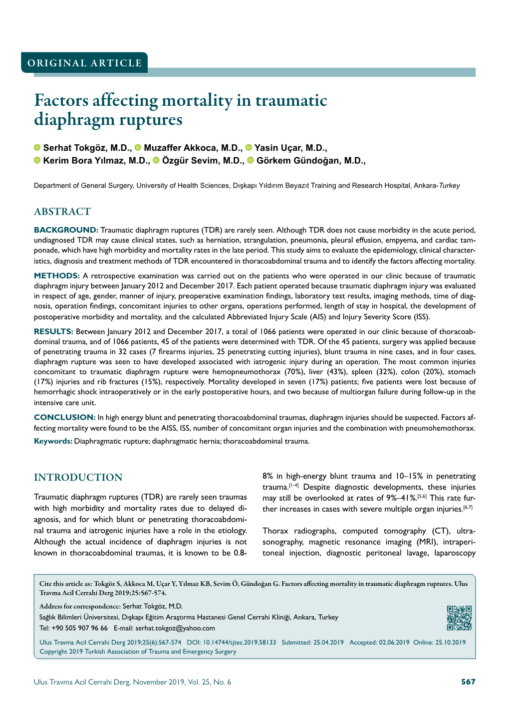 Factors Affecting Mortality in Traumatic Diaphragm Ruptures