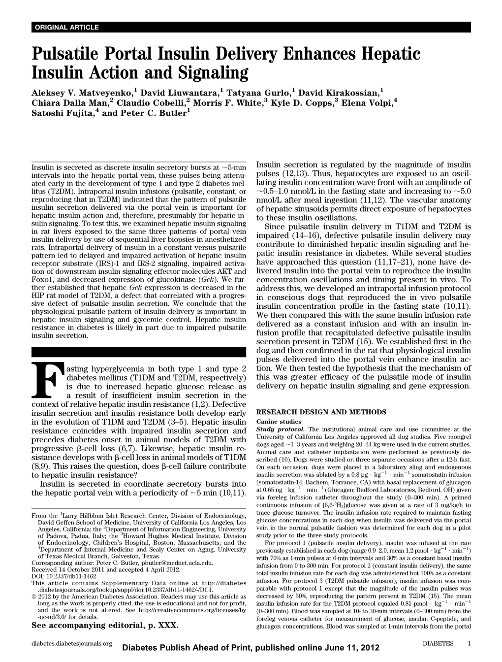 Pulsatile Portal Insulin Delivery Enhances Hepatic Insulin Action and Signaling Aleksey V