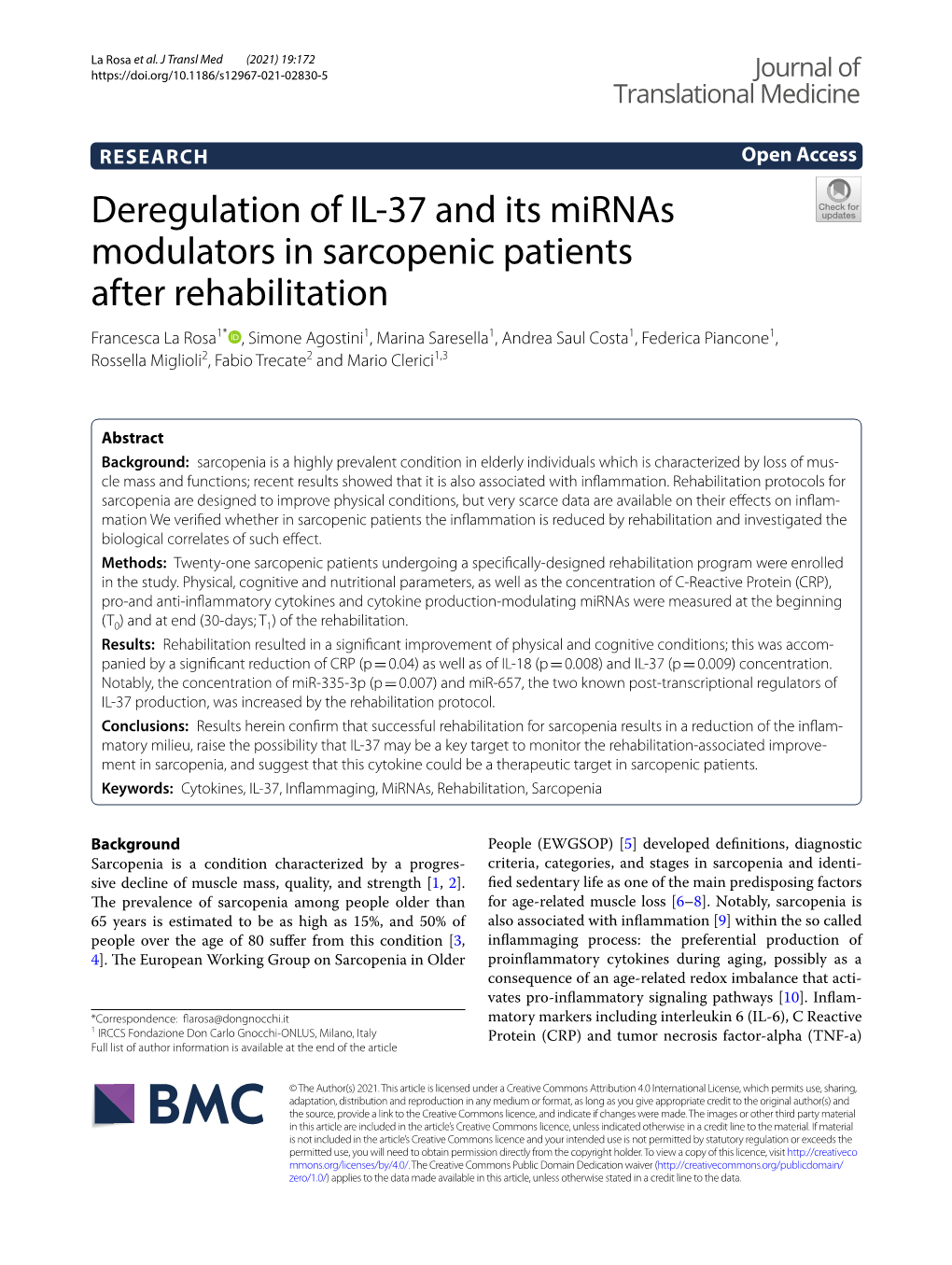 Deregulation of IL-37 and Its Mirnas Modulators in Sarcopenic Patients