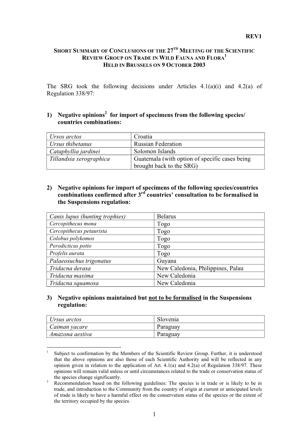 Summary of Conclusions of the 27Th Meeting of the Scientific 1 Review Group on Trade in Wild Fauna and Flora Held in Brussels on 9 October 2003