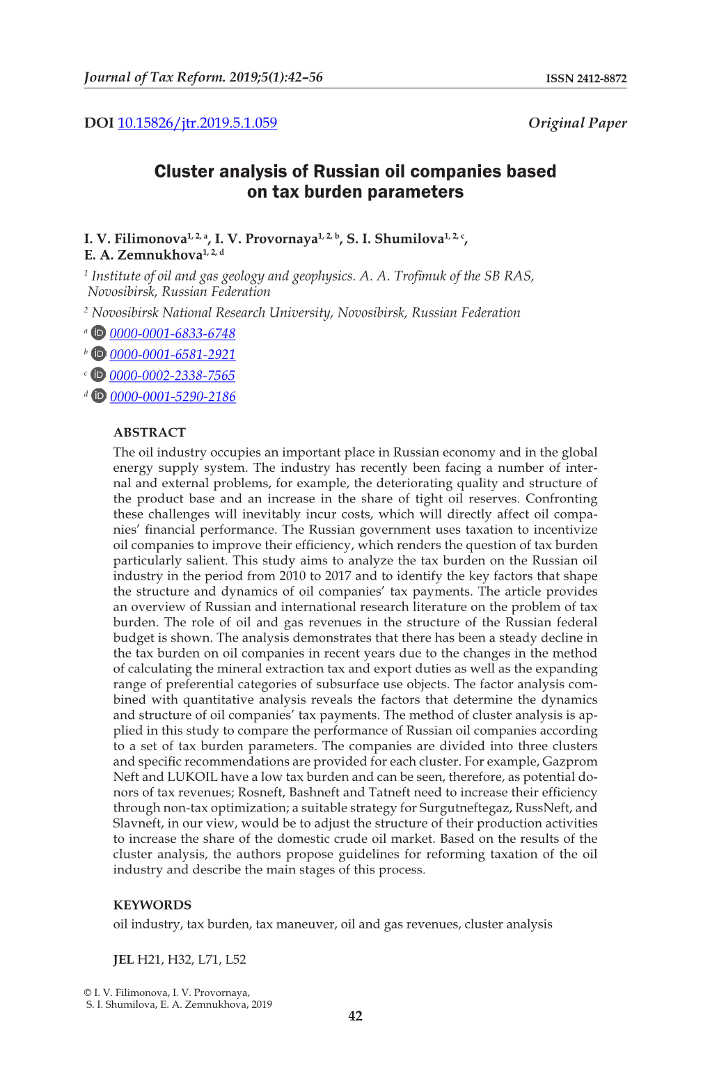 Cluster Analysis of Russian Oil Companies Based on Tax Burden Parameters