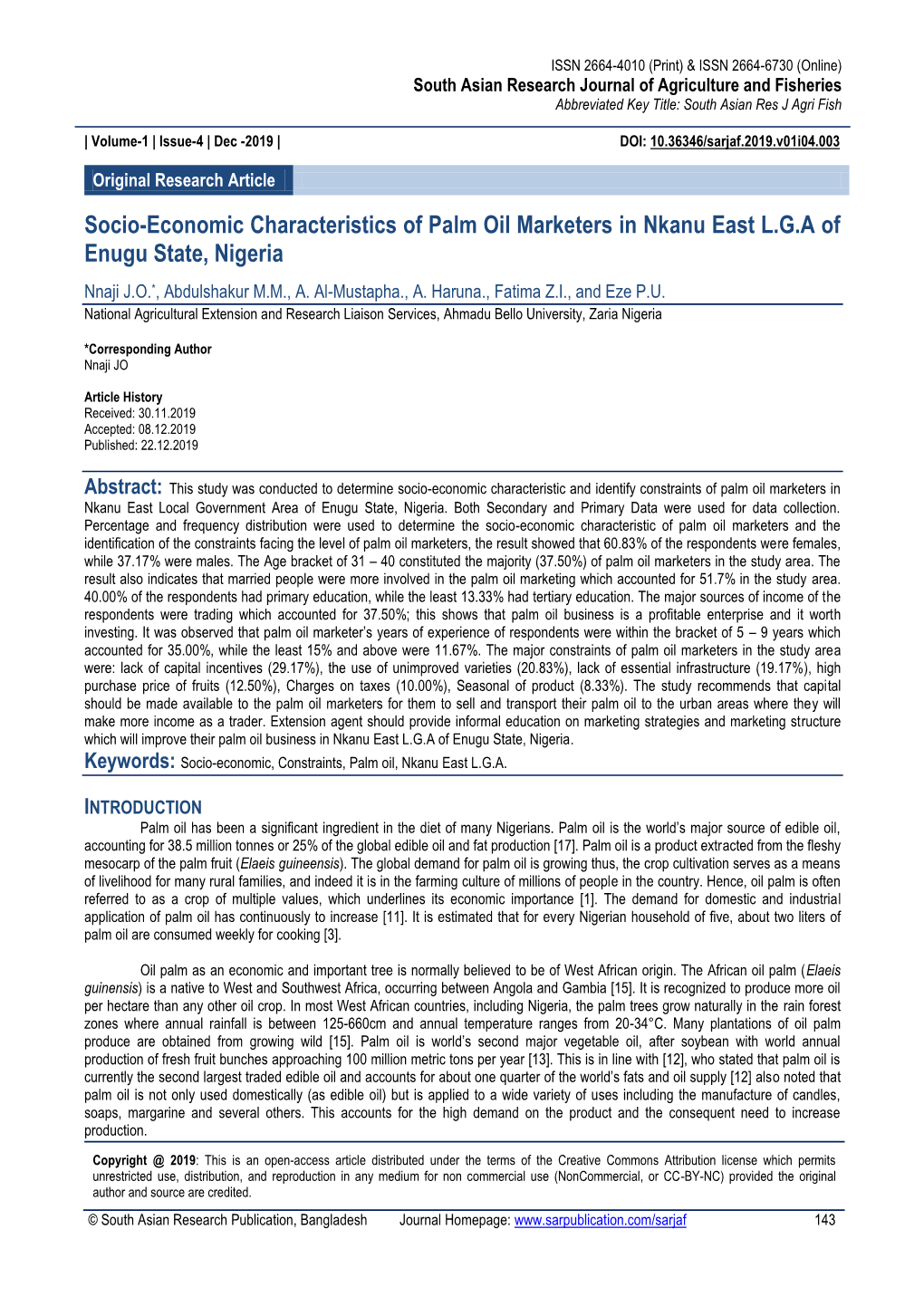 Socio-Economic Characteristics of Palm Oil Marketers in Nkanu East L.G.A of Enugu State, Nigeria
