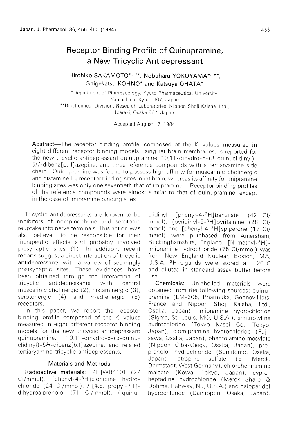 Receptor Binding Profile of Quinupramine, a New Tricyclic Antidepressant