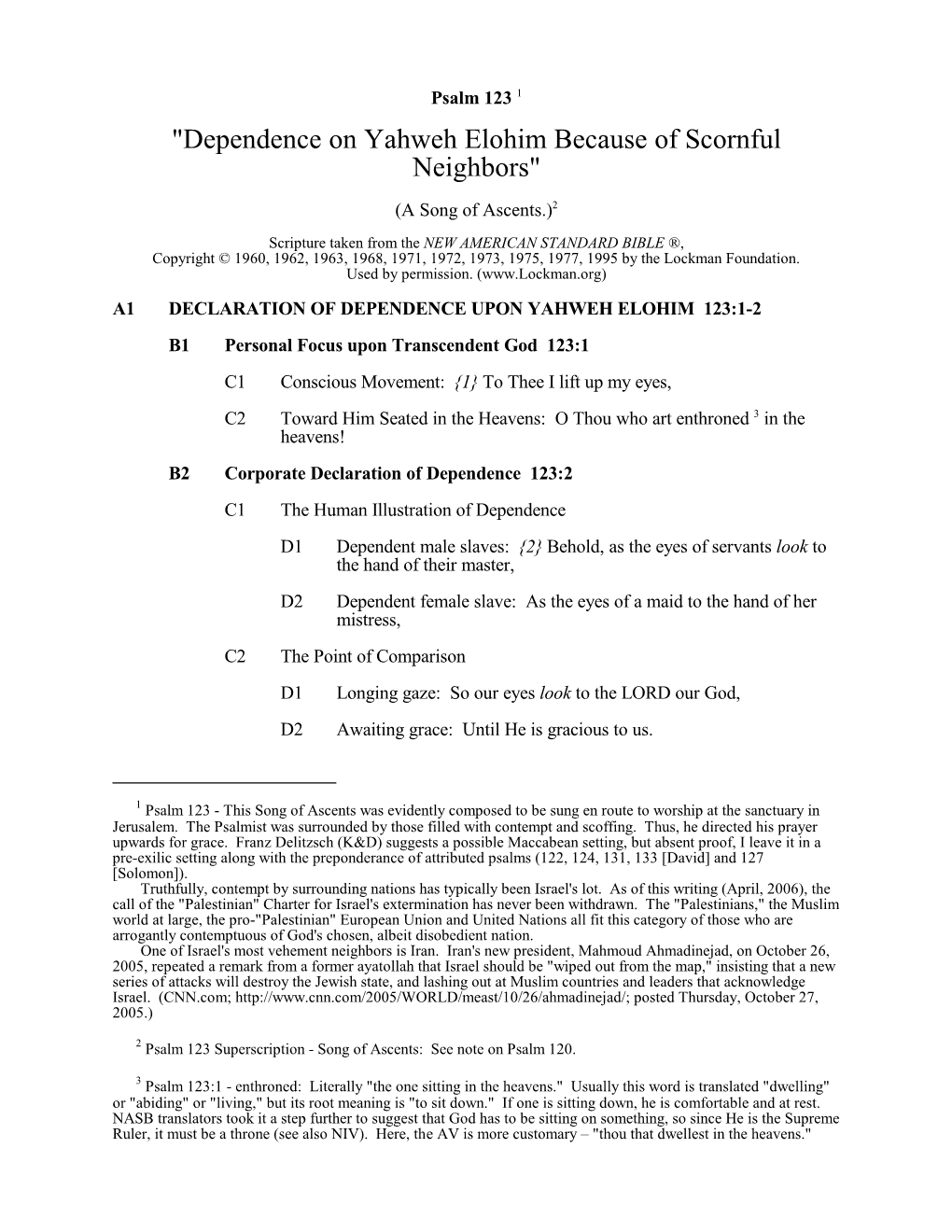 Psalm 123 1 "Dependence on Yahweh Elohim Because of Scornful Neighbors"