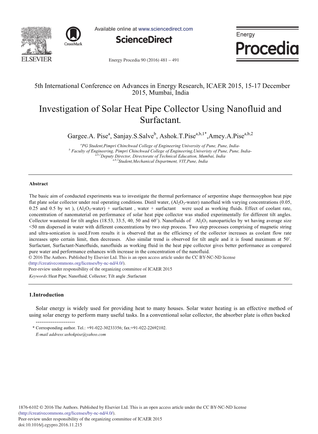 Investigation of Solar Heat Pipe Collector Using Nanofluid and Surfactant