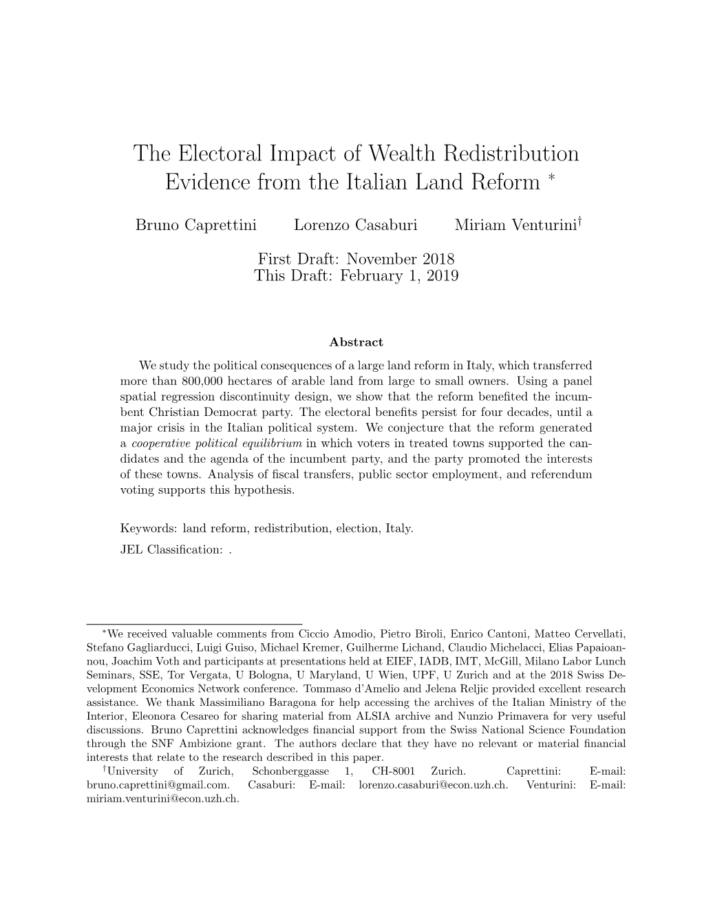 The Electoral Impact of Wealth Redistribution Evidence from the Italian Land Reform ∗