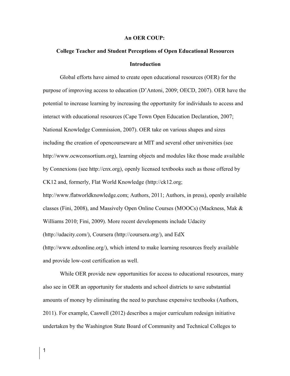 College Teacher and Student Perceptions of Open Educational Resources