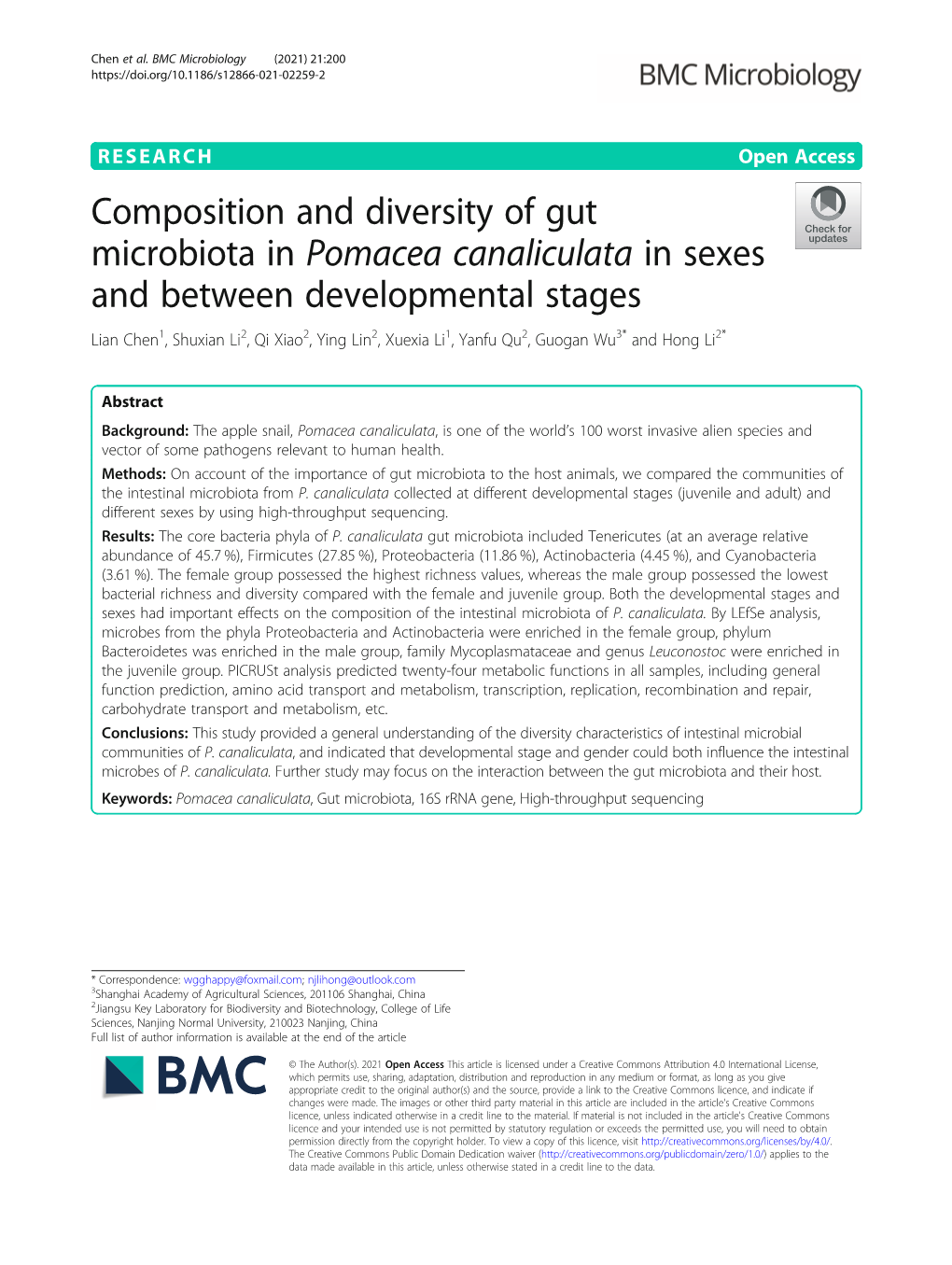Composition and Diversity of Gut Microbiota in Pomacea Canaliculata in Sexes and Between Developmental Stages