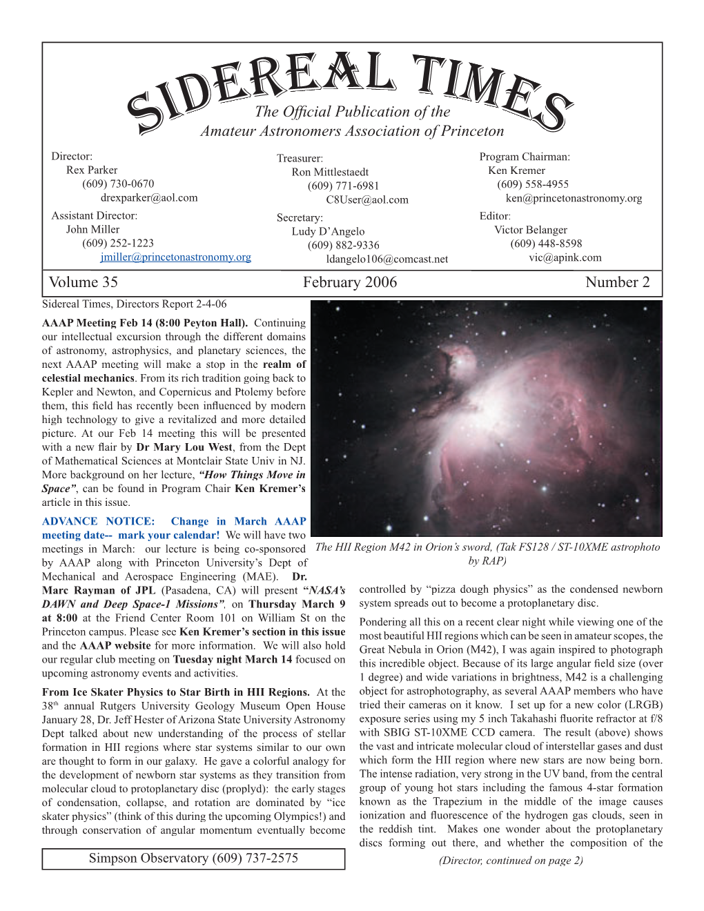 Sidereal Times, Directors Report 2-4-06 AAAP Meeting Feb 14 (8:00 Peyton Hall)