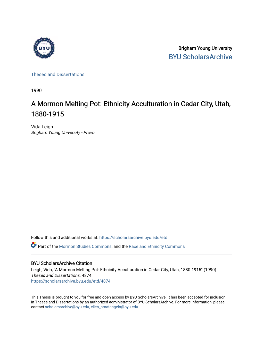 A Mormon Melting Pot: Ethnicity Acculturation in Cedar City, Utah, 1880-1915