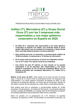 Inditex (1º), Mercadona (2º) Y Grupo Social Once (3º) Son Las 3 Empresas Más Responsables Y Con Mejor Gobierno Corporativo En España En 2020