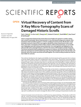 Virtual Recovery of Content from X-Ray Micro-Tomography Scans of Damaged Historic Scrolls Received: 10 April 2018 Paul L