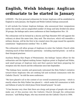 English, Welsh Bishops: Anglican Ordinariate to Be Started in January