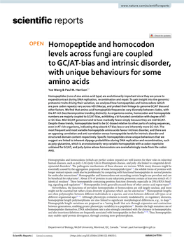 Homopeptide and Homocodon Levels Across Fungi Are Coupled to GC/AT‑Bias and Intrinsic Disorder, with Unique Behaviours for Some Amino Acids Yue Wang & Paul M