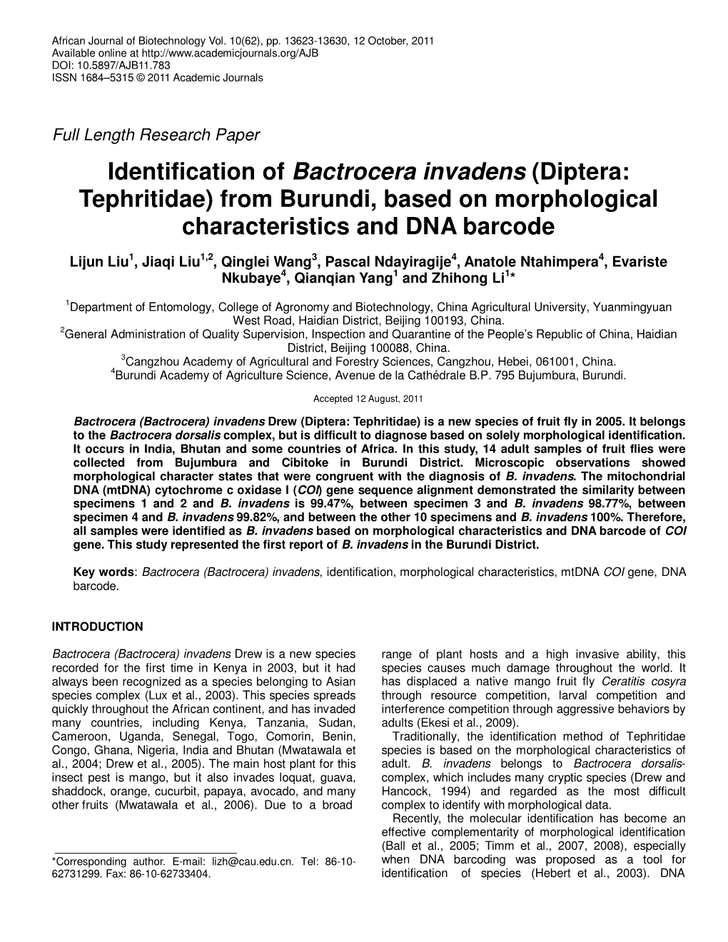 Identification of Bactrocera Invadens (Diptera: Tephritidae) from Burundi, Based on Morphological Characteristics and DNA Barcode