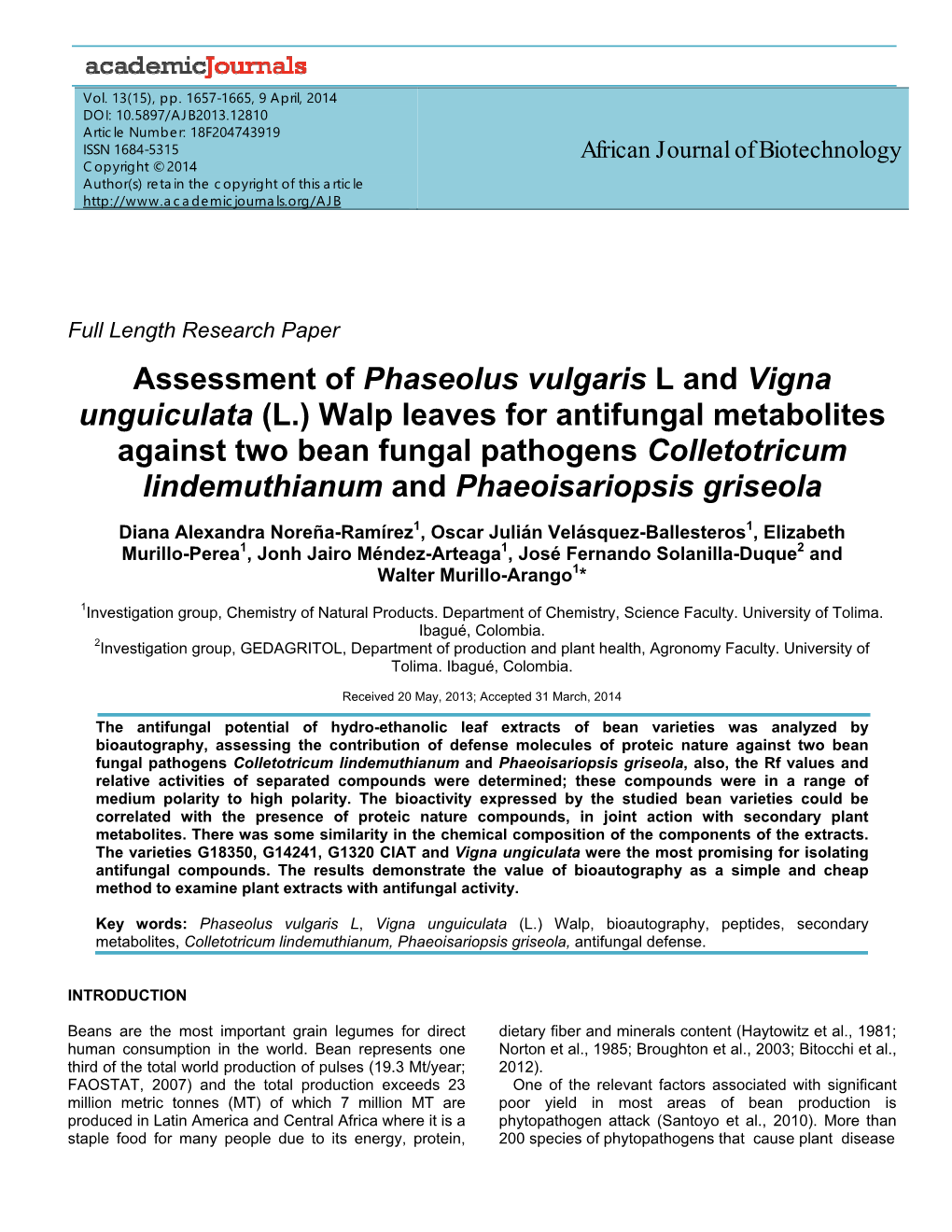 Assessment of Phaseolus Vulgaris L and Vigna Unguiculata (L.) Walp Leaves for Antifungal Metabolites Against Two Bean Fungal