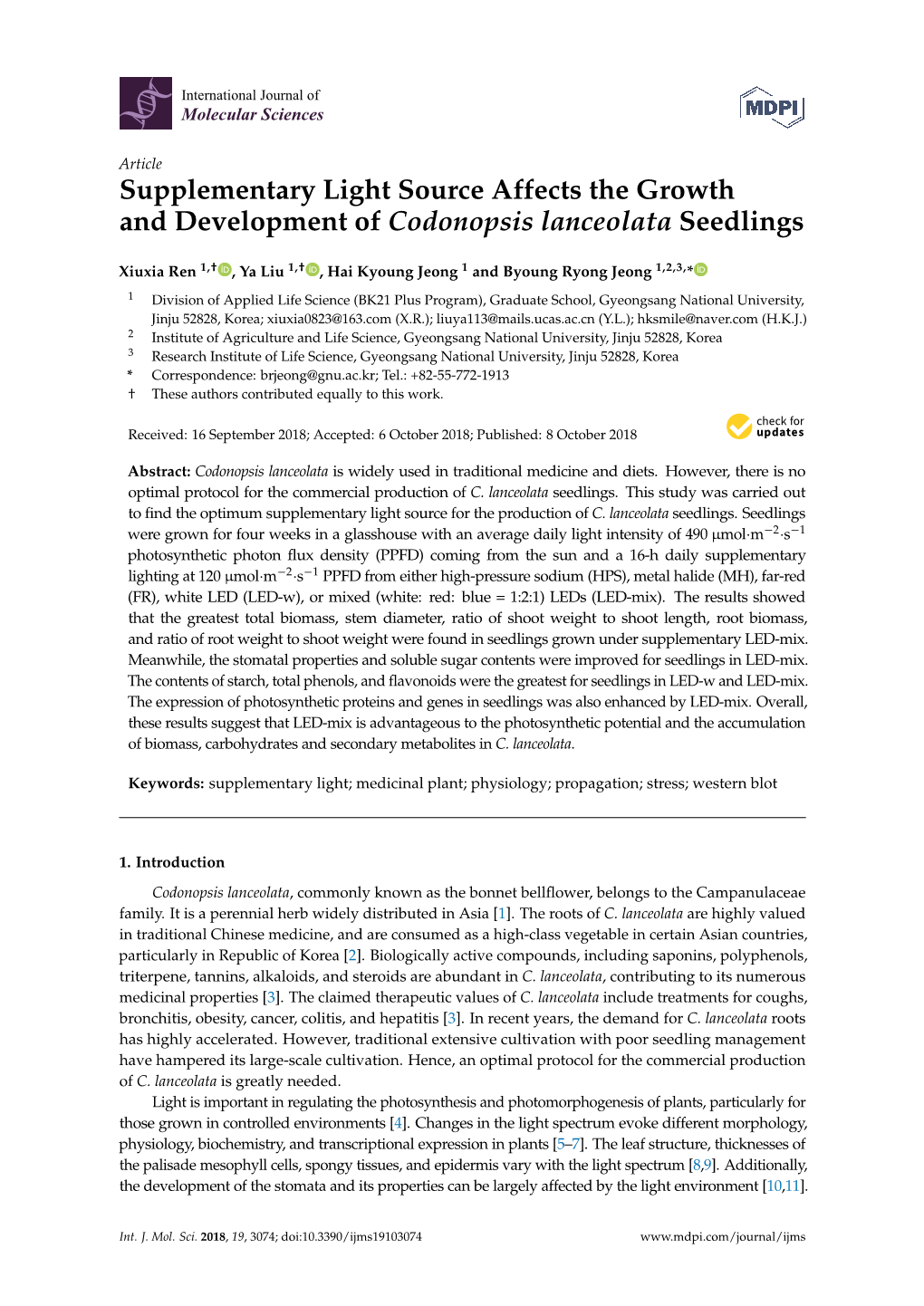 Supplementary Light Source Affects the Growth and Development of Codonopsis Lanceolata Seedlings