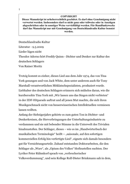 9.5.2009 Lieder Lügen Nicht Theodor Adorno Hört Freddy Quinn - Dichter Und Denker Zur Kultur Des Deutschen Schlagers Von Rainer Moritz