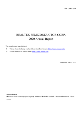 REALTEK SEMICONDUCTOR CORP. 2020 Annual Report