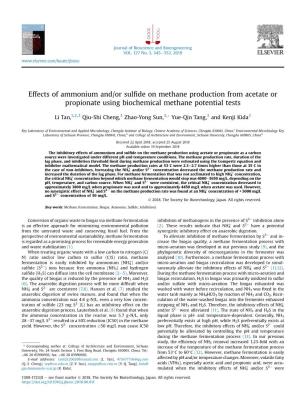 Effects of Ammonium And/Or Sulfide on Methane Production from Acetate Or Propionate Using Biochemical Methane Potential Tests