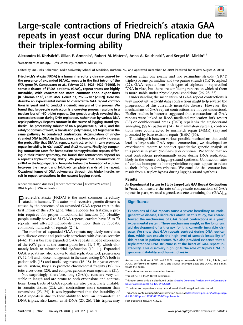 Large-Scale Contractions of Friedreich's Ataxia GAA Repeats in Yeast Occur During DNA Replication Due to Their Triplex-Forming