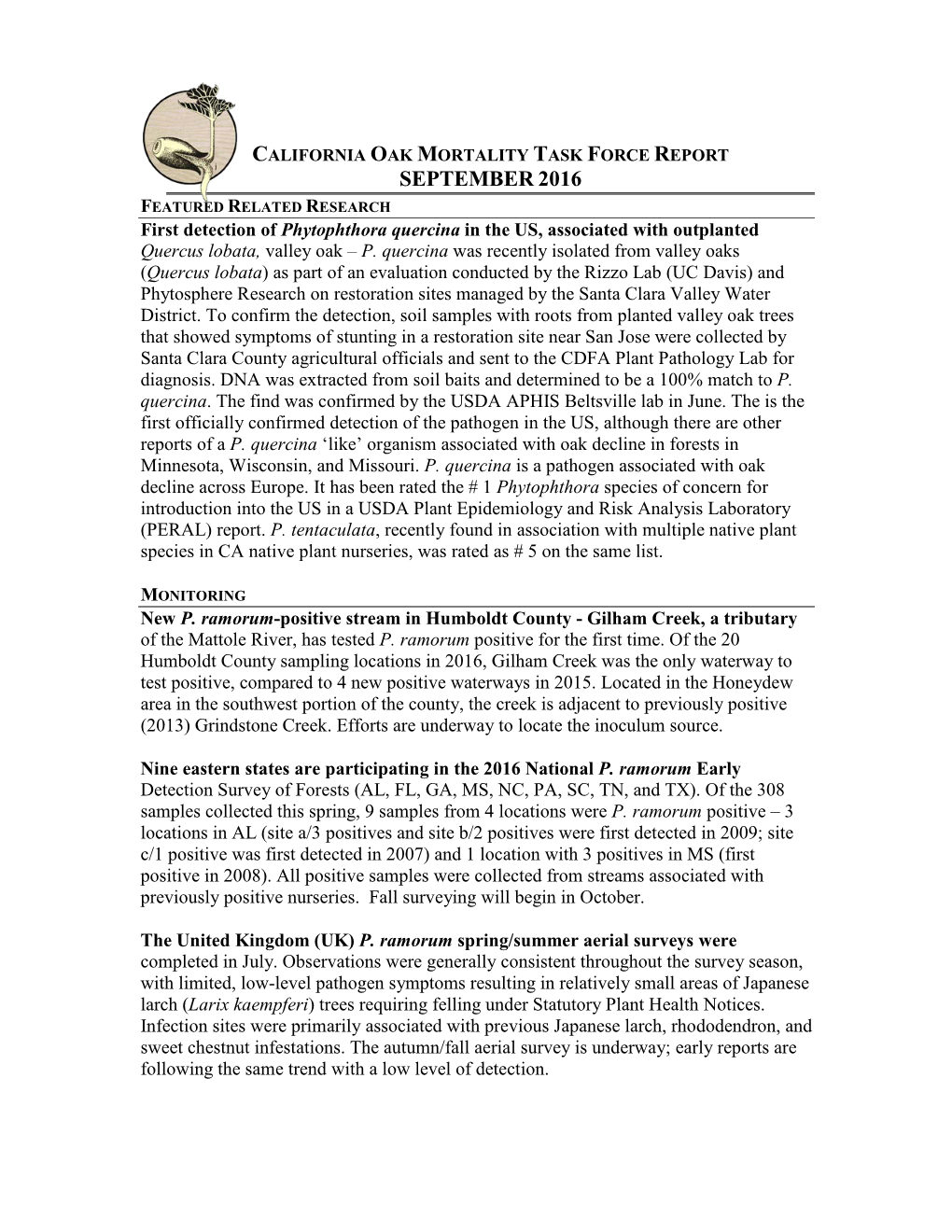 California Oak Mortality Task Force Report