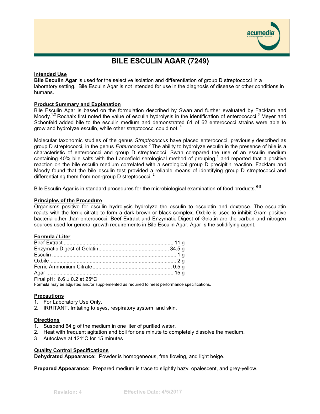 Bile Esculin Agar, Product Information