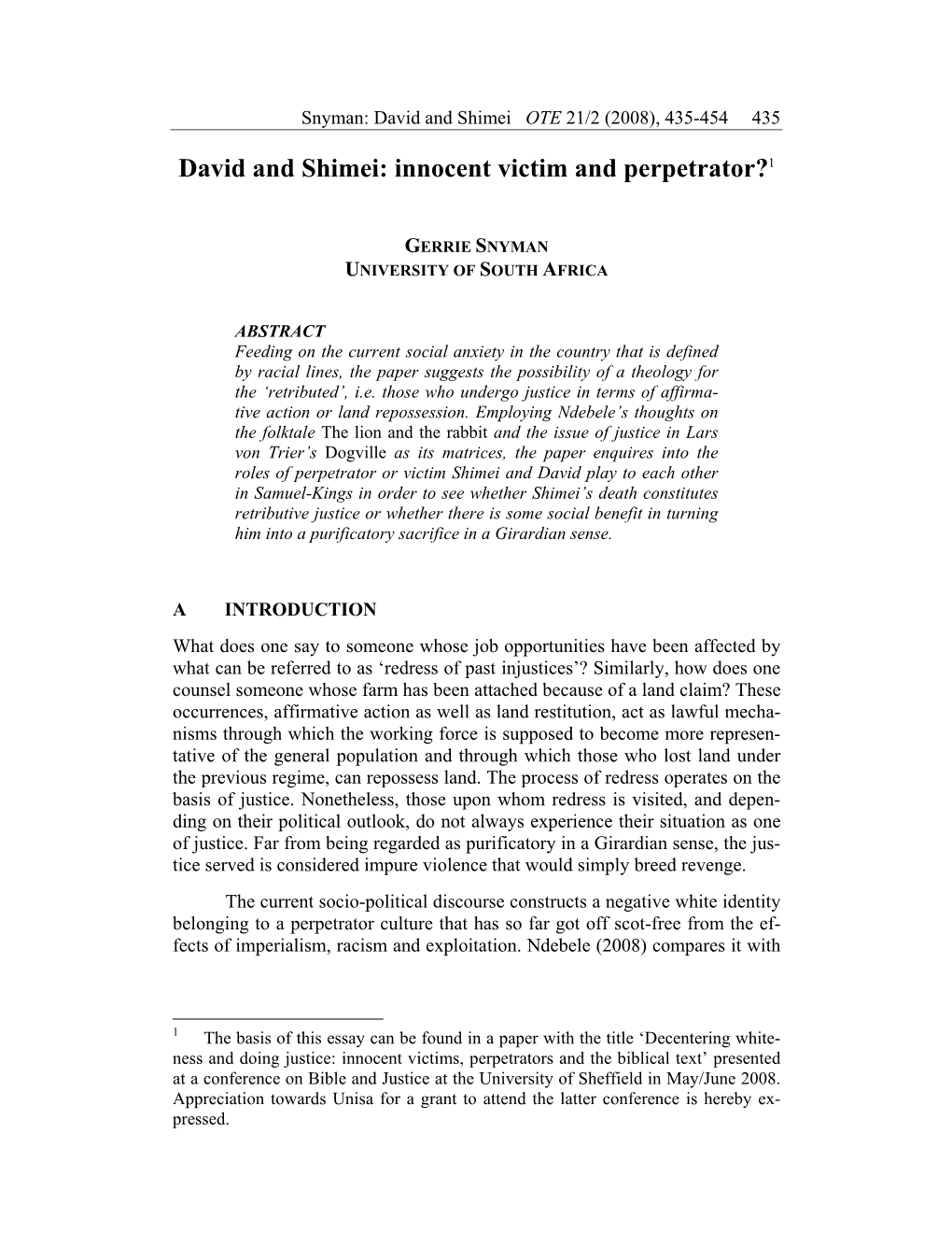 David and Shimei: Innocent Victim and Perpetrator?1