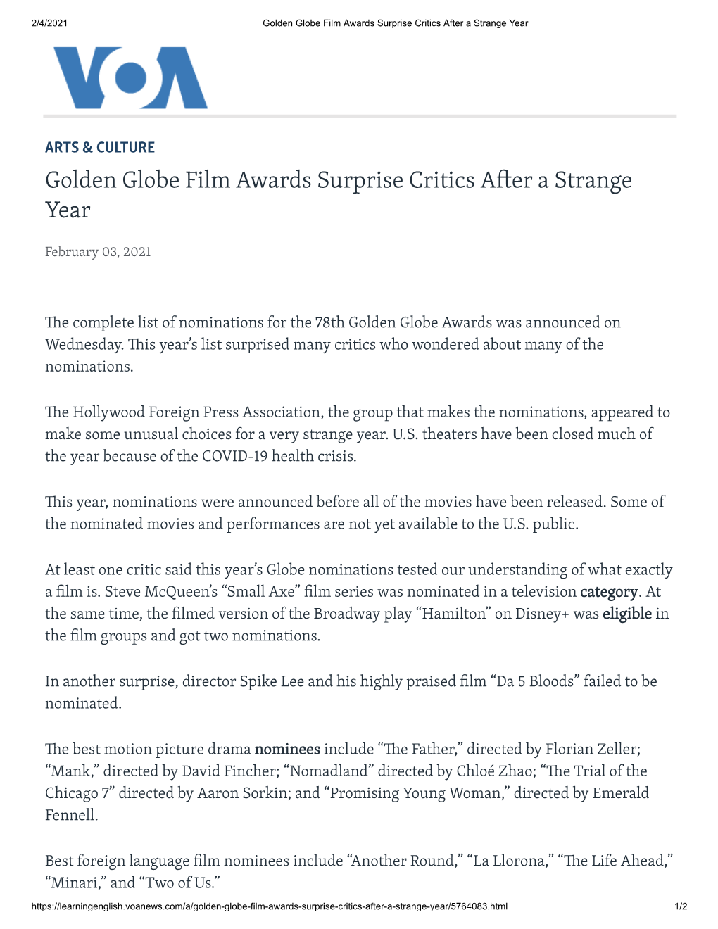 Golden Globe Film Awards Surprise Critics a Er a Strange Year