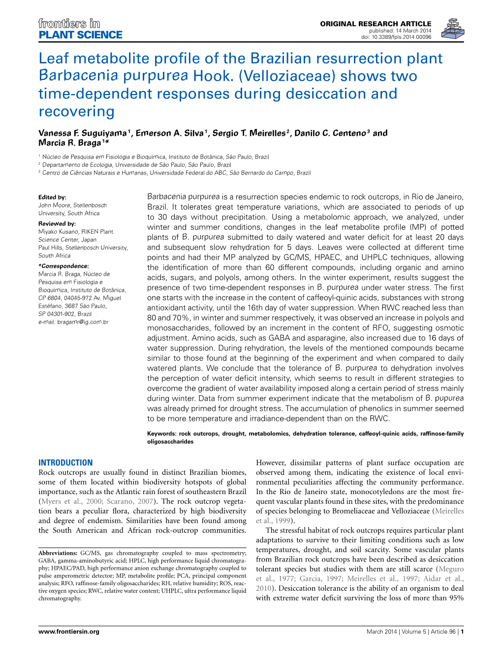 Leaf Metabolite Profile of the Brazilian Resurrection Plant Barbacenia