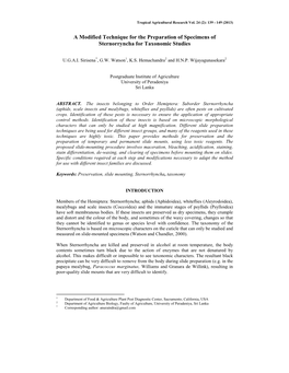 A Modified Technique for the Preparation of Specimens of Sternorryncha for Taxonomic Studies