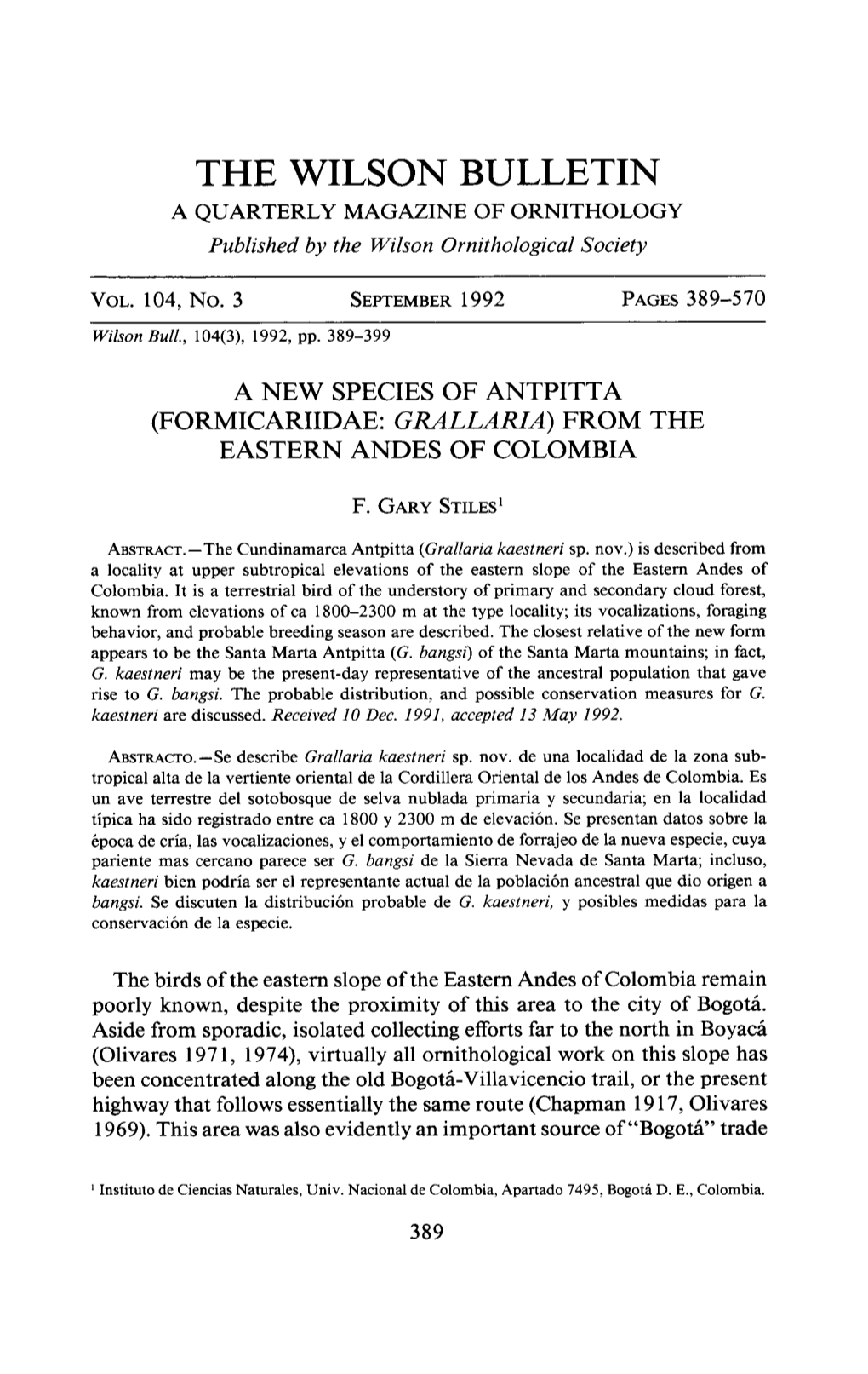 A New Species of Antpitta (Formicariidae: Grallaria) from the Eastern Andes of Colombia