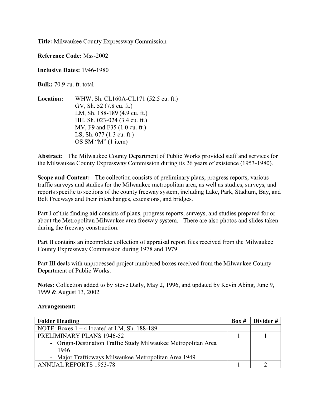 Title: Milwaukee County Expressway Commission Reference Code: Mss