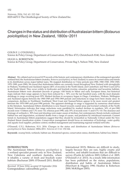Changes in the Status and Distribution of Australasian Bittern (Botaurus Poiciloptilus) in New Zealand, 1800S−2011