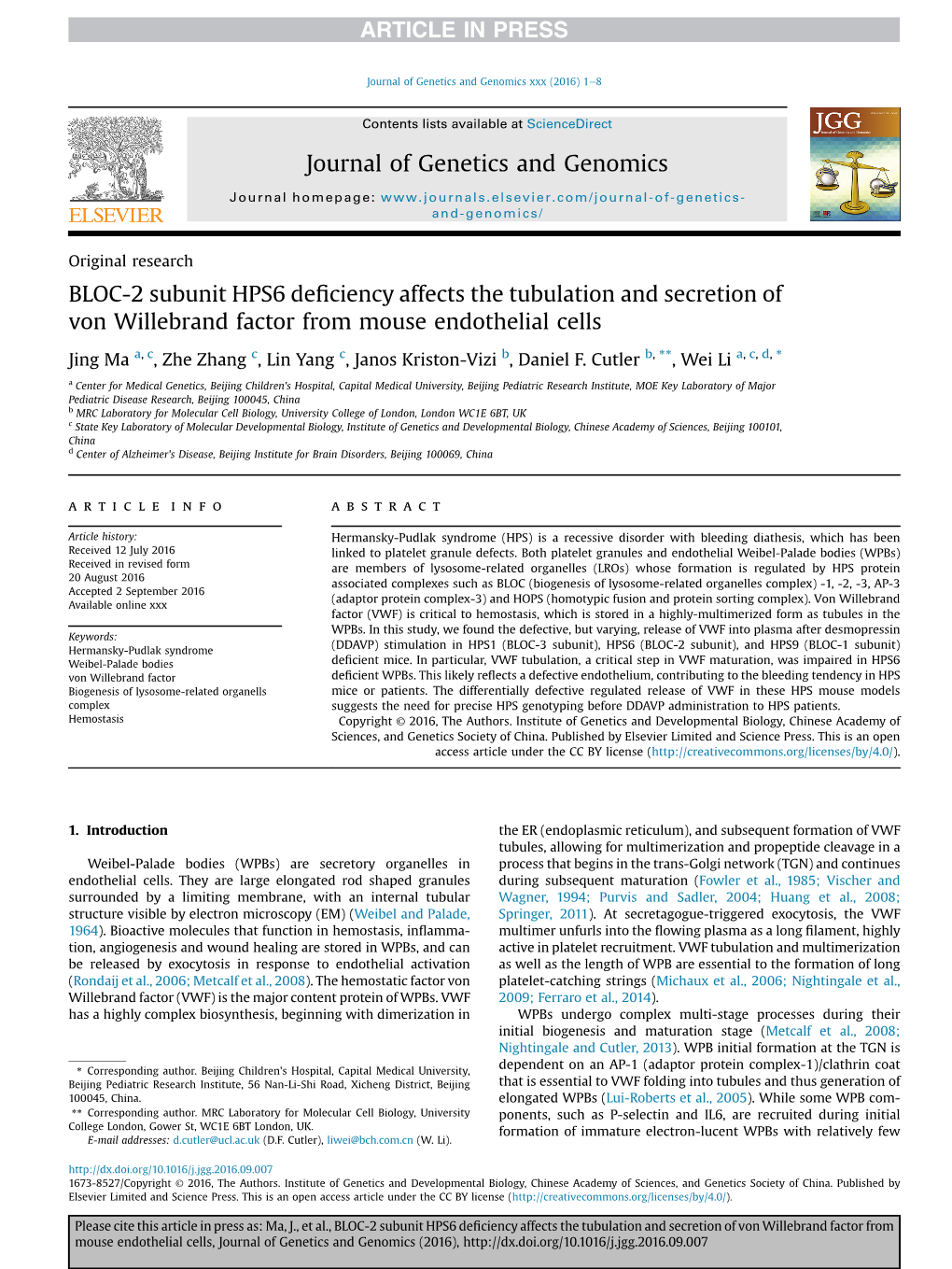 BLOC-2 Subunit HPS6 Deficiency Affects The