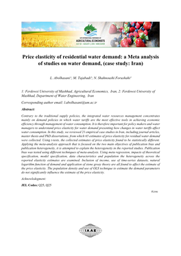 Price Elasticity of Residential Water Demand: a Meta Analysis of Studies on Water Demand, (Case Study: Iran)