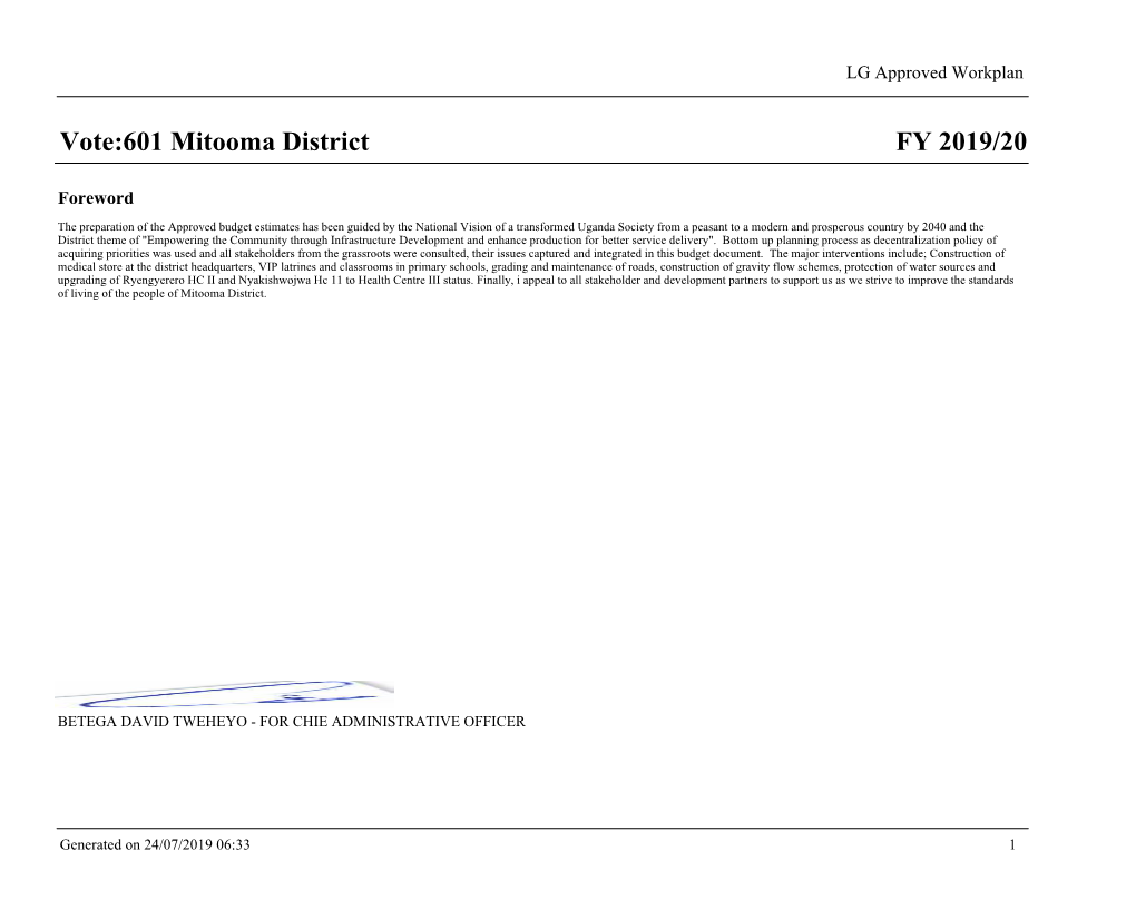 FY 2019/20 Vote:601 Mitooma District