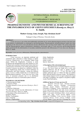 PHARMACOGNOSTIC and PHYTOCHEMICAL SCREENING of the INFLORESCENCE of COSTUS SPECIOSUS (Koenig Ex