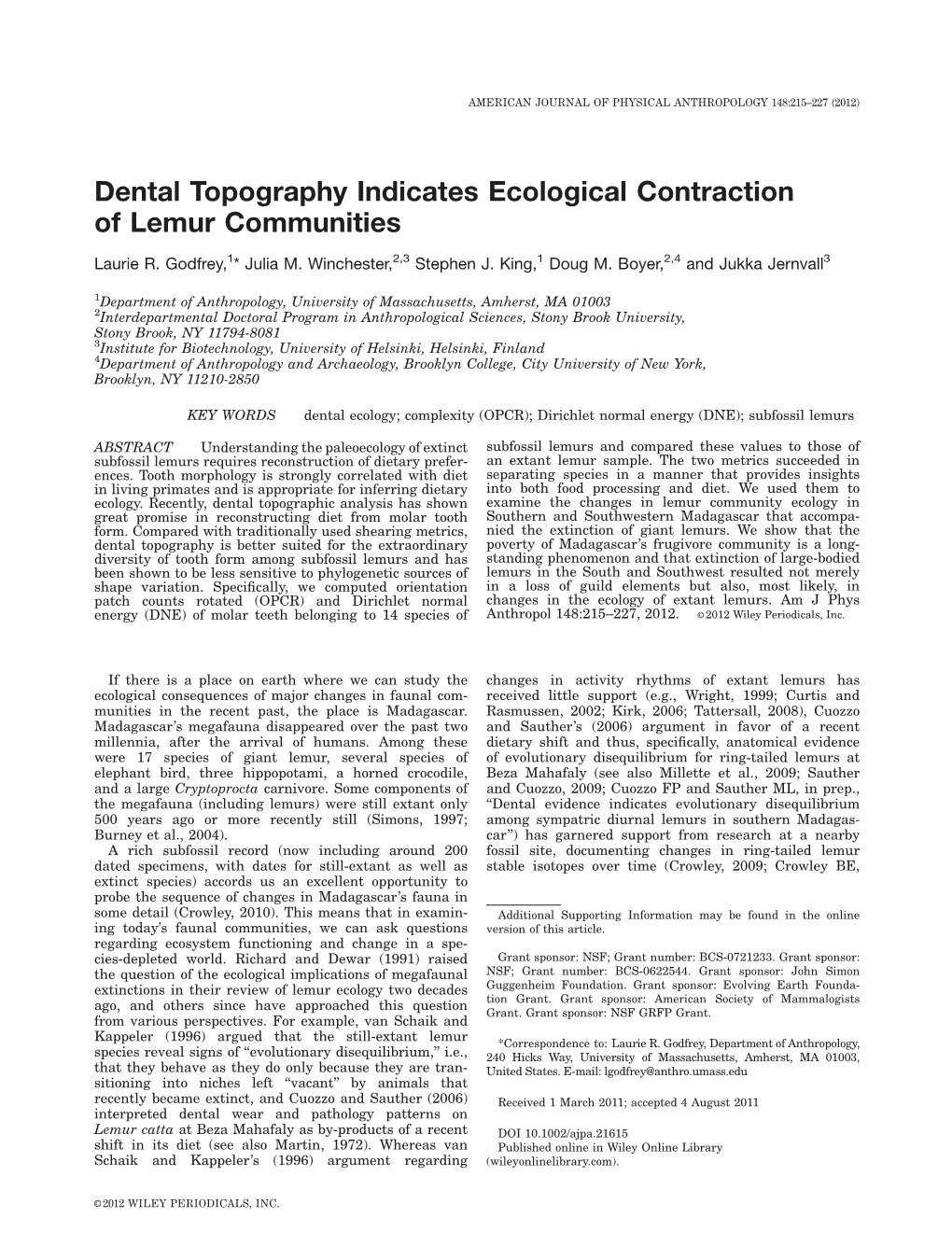 Dental Topography Indicates Ecological Contraction of Lemur Communities