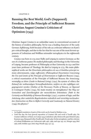 Freedom, and the Principle of Sufficient Reason: Christian August Crusius’S Criticism of Optimism (1745)
