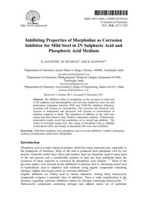 Inhibiting Properties of Morpholine As Corrosion Inhibitor for Mild Steel in 2N Sulphuric Acid and Phosphoric Acid Medium