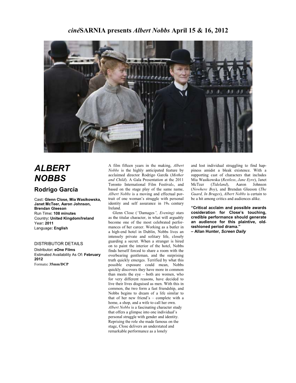 Albert Nobbs April 15 & 16, 2012